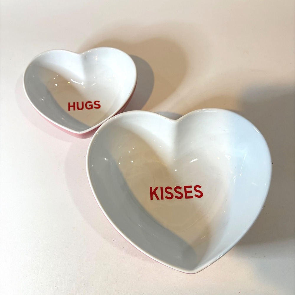 Celebrate It Valentine Heart Bowls Set of 2 Hugs Kisses Pink White Ceramic New